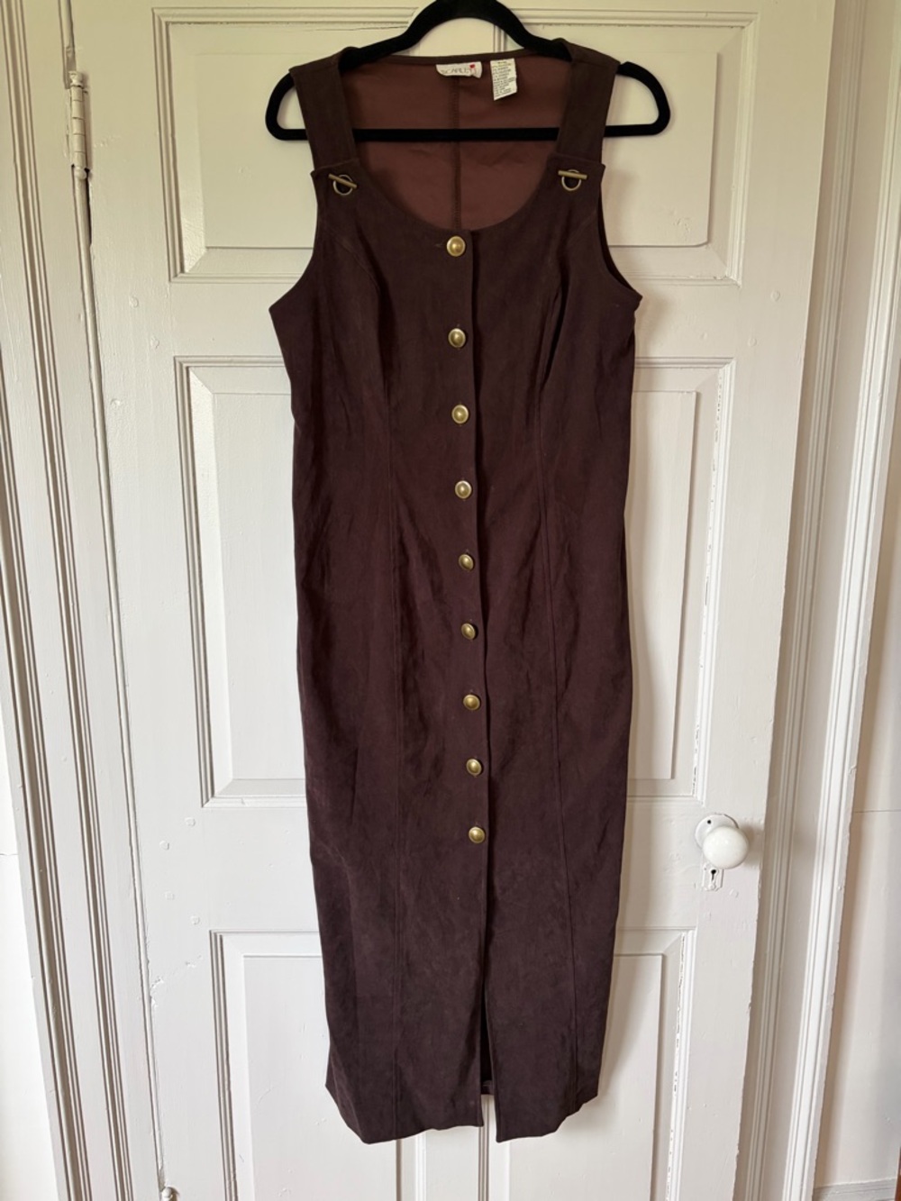 Vintage Brown Faux Suede Button Midi Dress